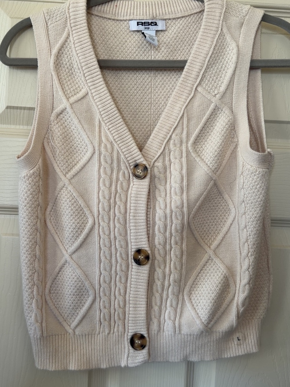 RSQ Cream Cable Knit V-Neck Button Front Vest
